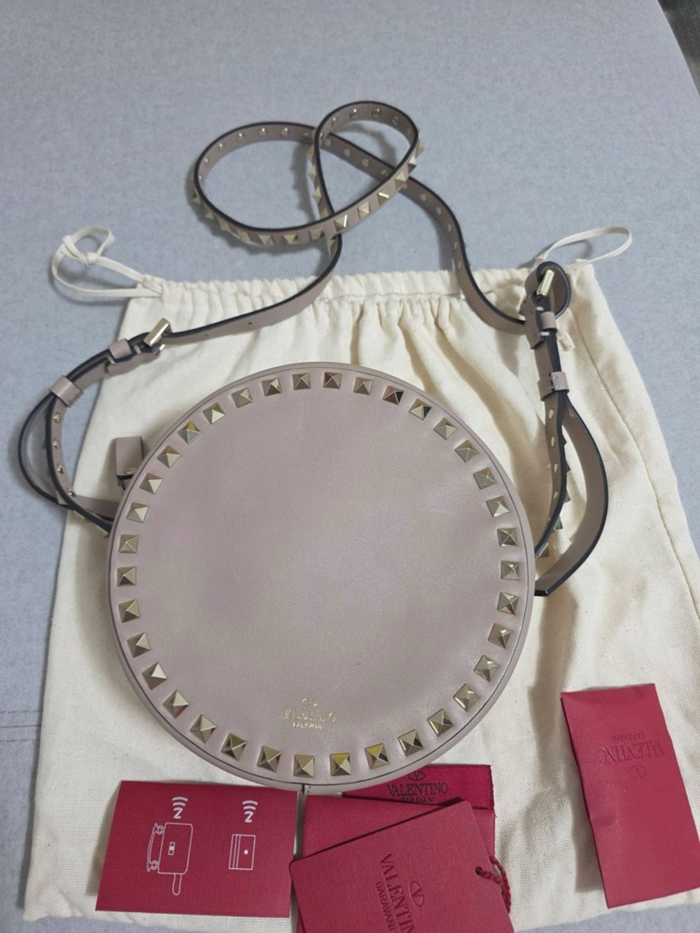 Valentino Like New Small Round Rockstud Crossbody Bag in Poudre with Cards